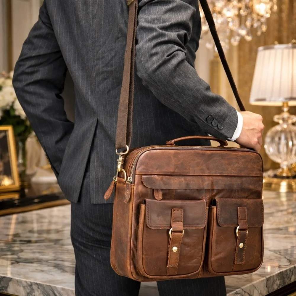 Men’s Brown Leather Briefcase Laptop Messenger Bag Vintage Work Business Satchel